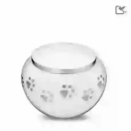 White Round Medium Paw Print Urn